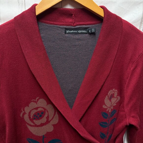 Gudrun Sjoden Wrap Cardigan Floral Print Organic Cotton Blend Red Sz M Cottage - Picture 3 of 9